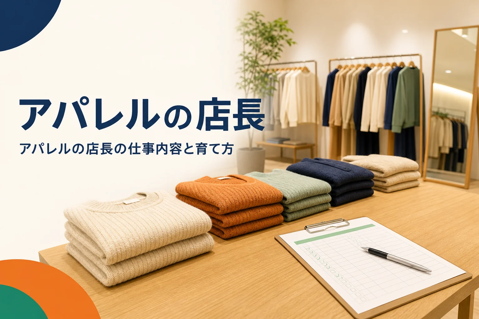 アパレルの店長の仕事内容を解説する記事のアイキャッチ。開店前の売場に置かれたチェック表