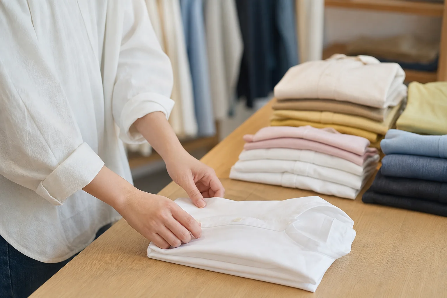 アパレルの売場で服をたたんで整える手元の写真