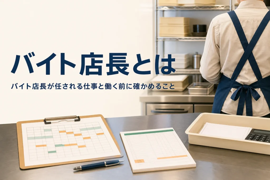 バイト店長・アルバイト店長の仕事と働く前に確かめることを紹介する記事のアイキャッチ。バックヤードの事務机とシフト表