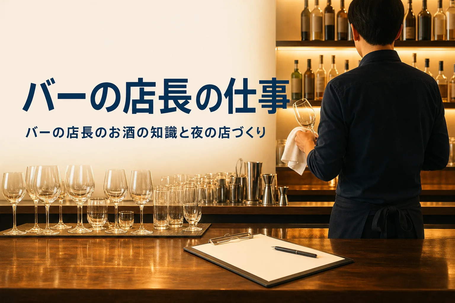 バーの店長の仕事を紹介する記事のアイキャッチ。開店前のバーのカウンターとグラス