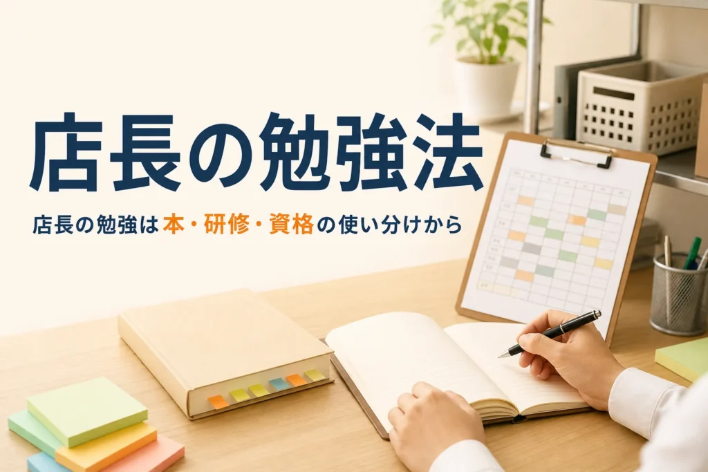 店長の勉強法を紹介する記事のアイキャッチ。バックヤードの事務机に置かれたノートと本