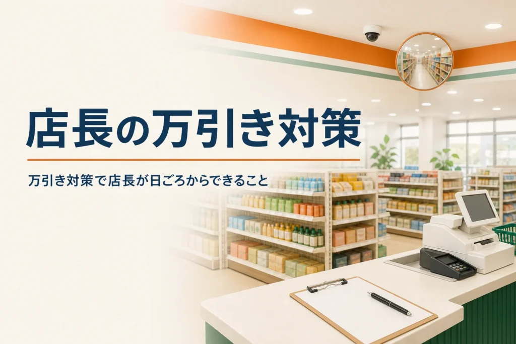 店長が日ごろからできる万引き対策を紹介する記事のアイキャッチ。見通しのよい売場と防犯ミラー