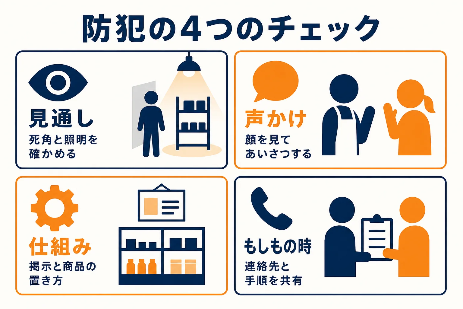 防犯を見通し・声かけ・仕組み・もしもの時の4つに分けた店内チェックリストの図解