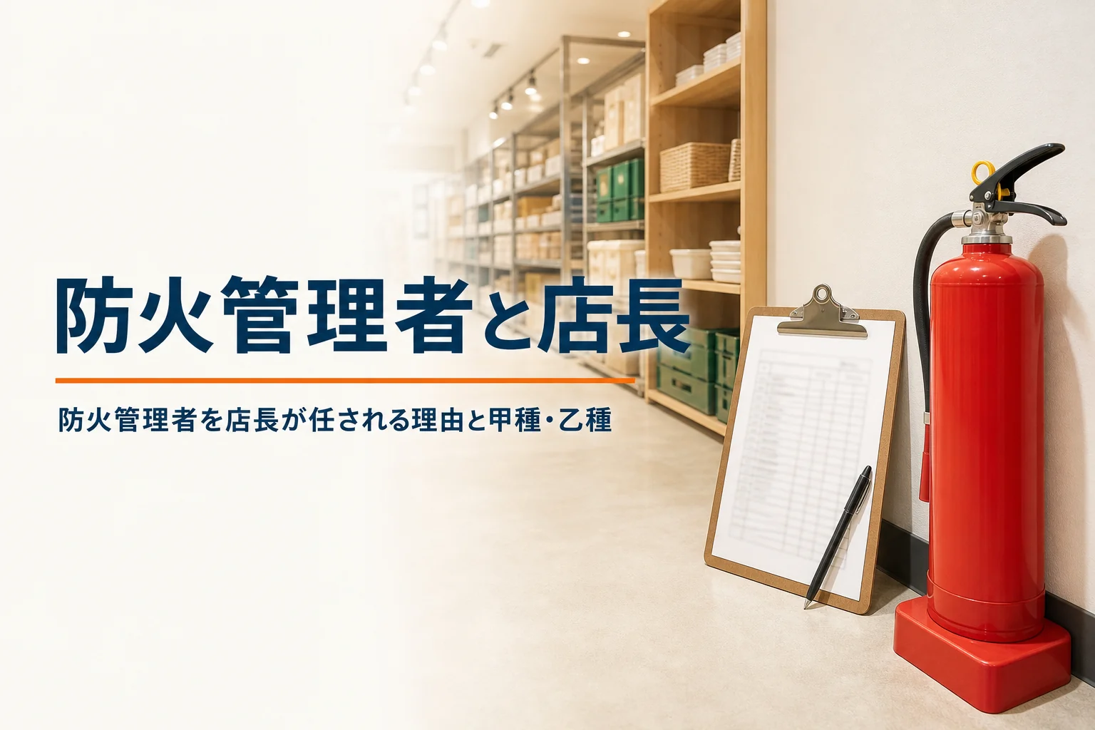 防火管理者と店長の関係、甲種・乙種の違いを紹介する記事のアイキャッチ。バックヤードの消火器と点検表