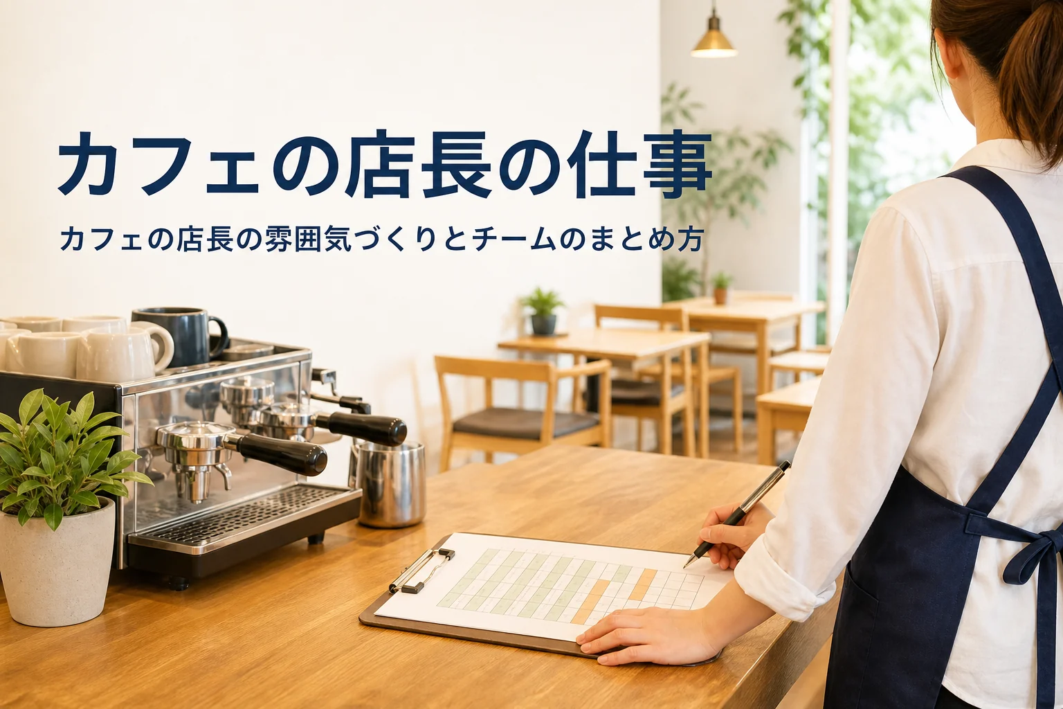 カフェの店長の仕事内容を紹介する記事のアイキャッチ。開店前のカフェのカウンターと客席