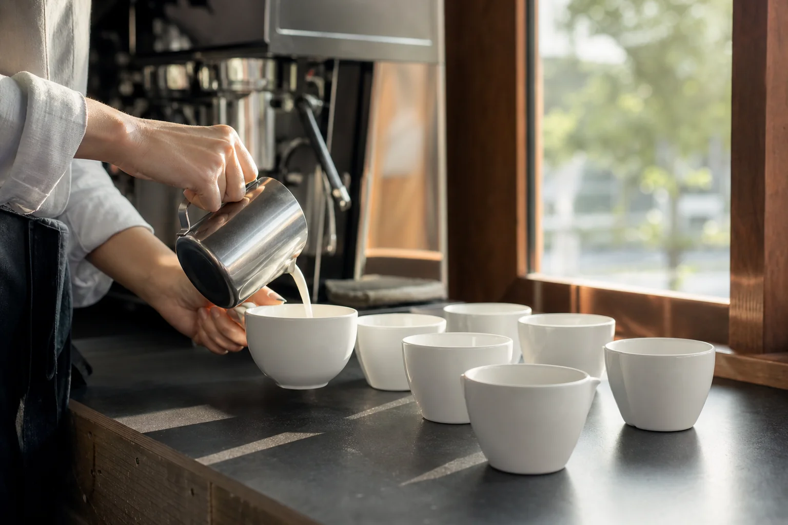 カフェのカウンターで開店前にドリンクの準備をする手元をイメージした写真