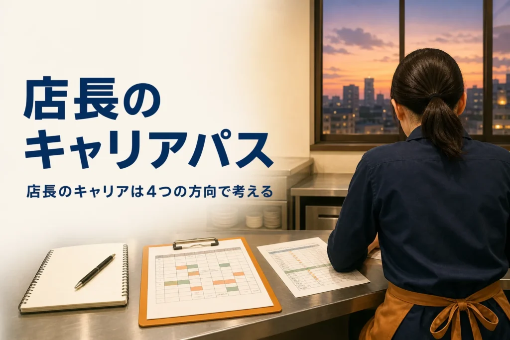 店長のキャリアパスと次に目指せる道を紹介する記事のアイキャッチ。バックヤードの事務机とノート