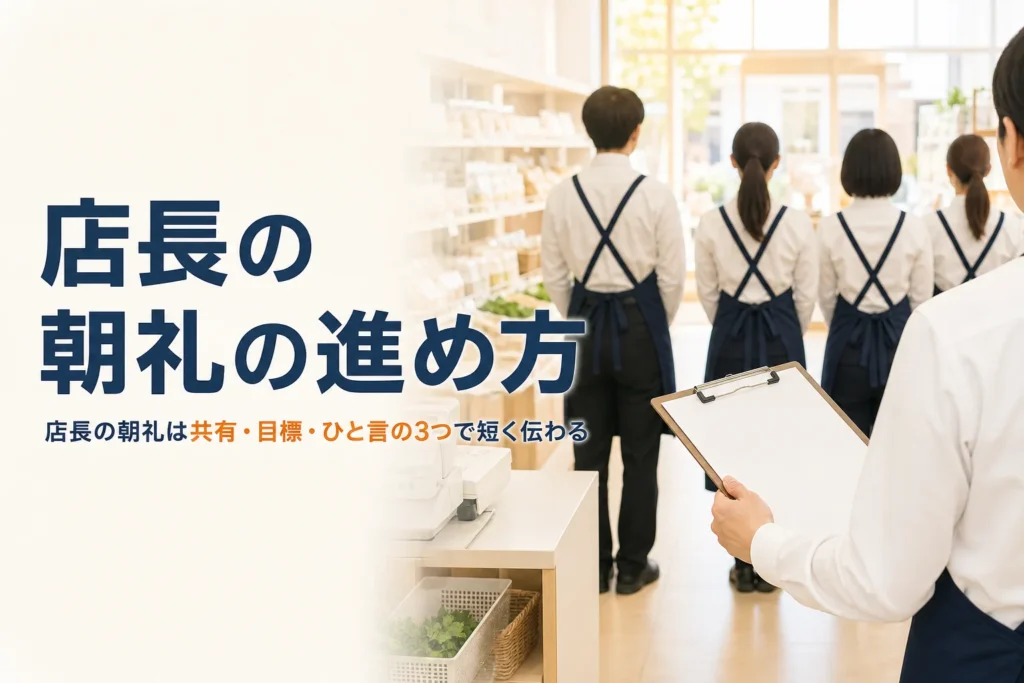 店長の朝礼の進め方を紹介する記事のアイキャッチ。開店前の売場でクリップボードを持つ手元