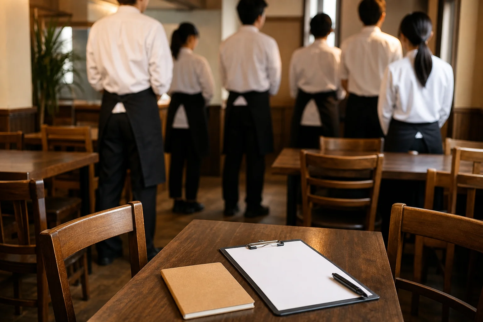 開店前に連絡ノートとクリップボードを用意して朝礼に入る場面をイメージした写真