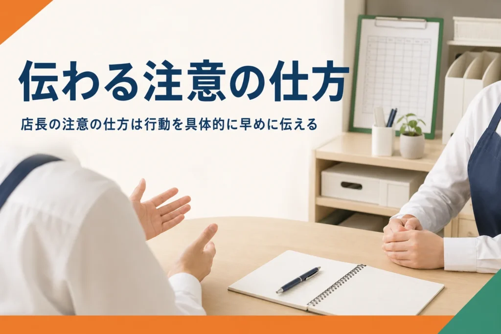店長の注意の仕方を紹介する記事のアイキャッチ。バックヤードで向かい合って話す2人の手元