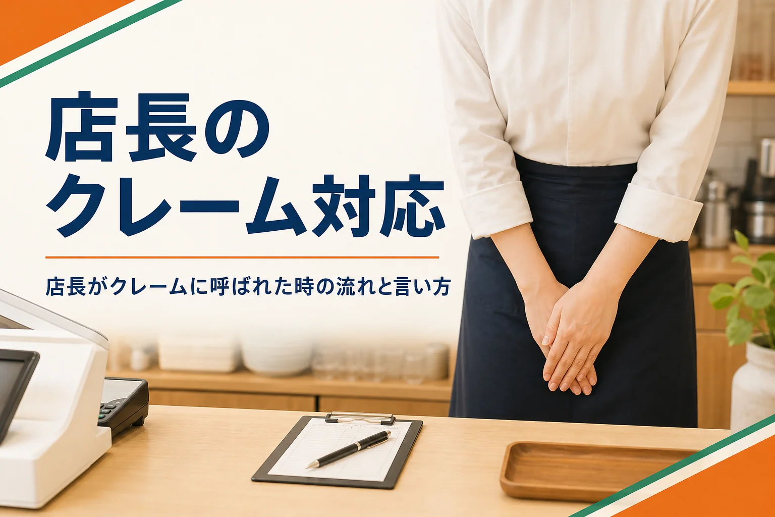 店長のクレーム対応の流れと言い方を紹介する記事のアイキャッチ。レジまわりで丁寧におじぎをするスタッフの手元