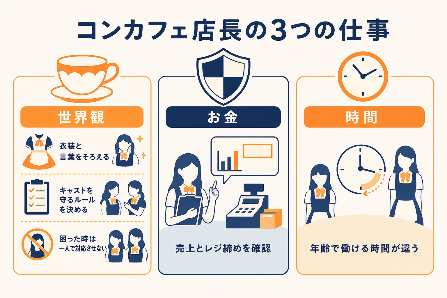コンセプトカフェの店長の仕事を世界観・キャストを守るルール・お金と時間の管理の3つに分けた図解