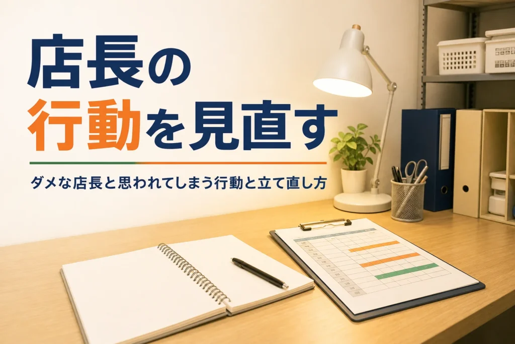 ダメな店長と思われてしまう行動と立て直し方を紹介する記事のアイキャッチ。閉店後の事務机と連絡ノート