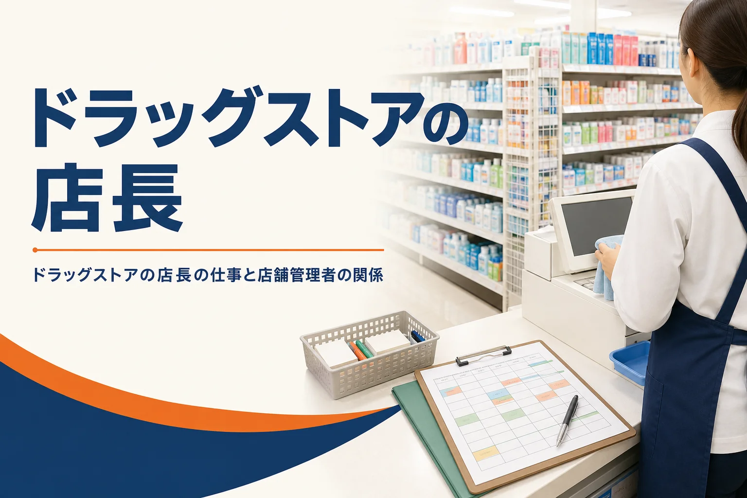 ドラッグストアの店長の仕事を紹介する記事のアイキャッチ。開店前の整った売場とレジカウンター