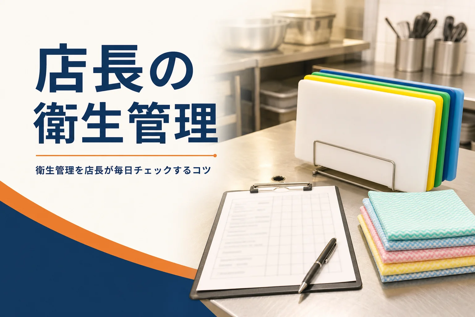 店長の衛生管理と毎日のチェックを紹介する記事のアイキャッチ。開店前の厨房に置かれたチェック表と色分けしたまな板