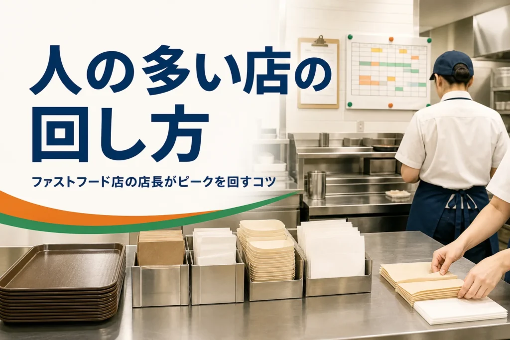ファストフード店の店長の仕事を紹介する記事のアイキャッチ。開店前の厨房の作業台とシフト表