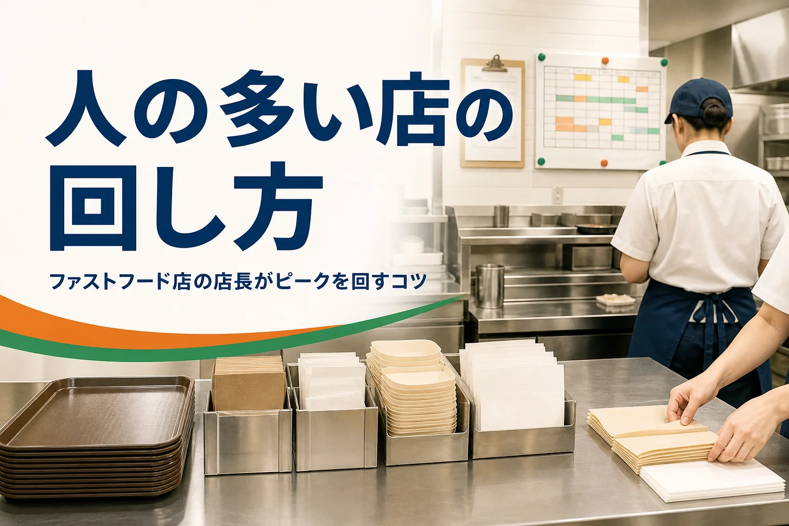 ファストフード店の店長の仕事を紹介する記事のアイキャッチ。開店前の厨房の作業台とシフト表