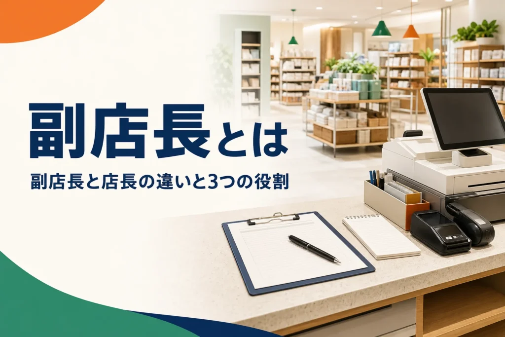 副店長と店長の違いと役割を解説する記事のアイキャッチ。開店前のレジまわりに置かれた引き継ぎメモ