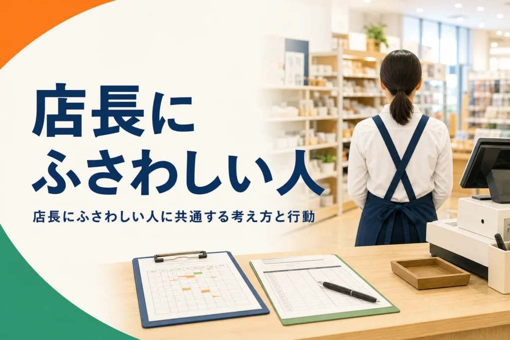 店長にふさわしい人の考え方と行動を紹介する記事のアイキャッチ。開店前の売場とクリップボード