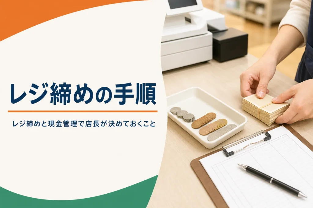 レジ締めと現金管理の手順を紹介する記事のアイキャッチ。閉店後のレジ台に並べた硬貨と記録用紙