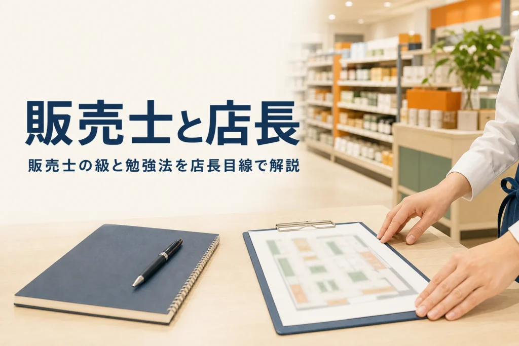 販売士（リテールマーケティング検定）が店長に役立つかを紹介する記事のアイキャッチ。開店前の売場の作業台に置かれたノートと売場レイアウト表