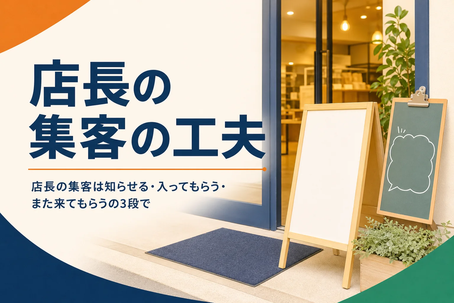 店長の集客の工夫を紹介する記事のアイキャッチ。開店前に整えられたお店の入口と看板