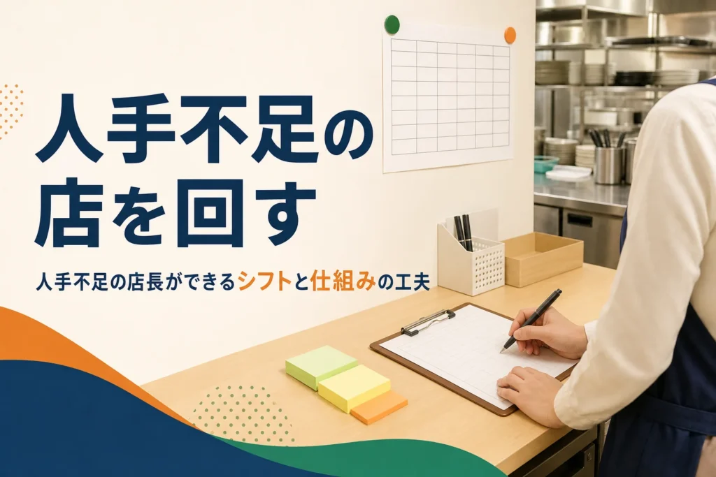 人手不足の店を回す店長の工夫を紹介する記事のアイキャッチ。バックヤードに貼られたシフト表と事務机