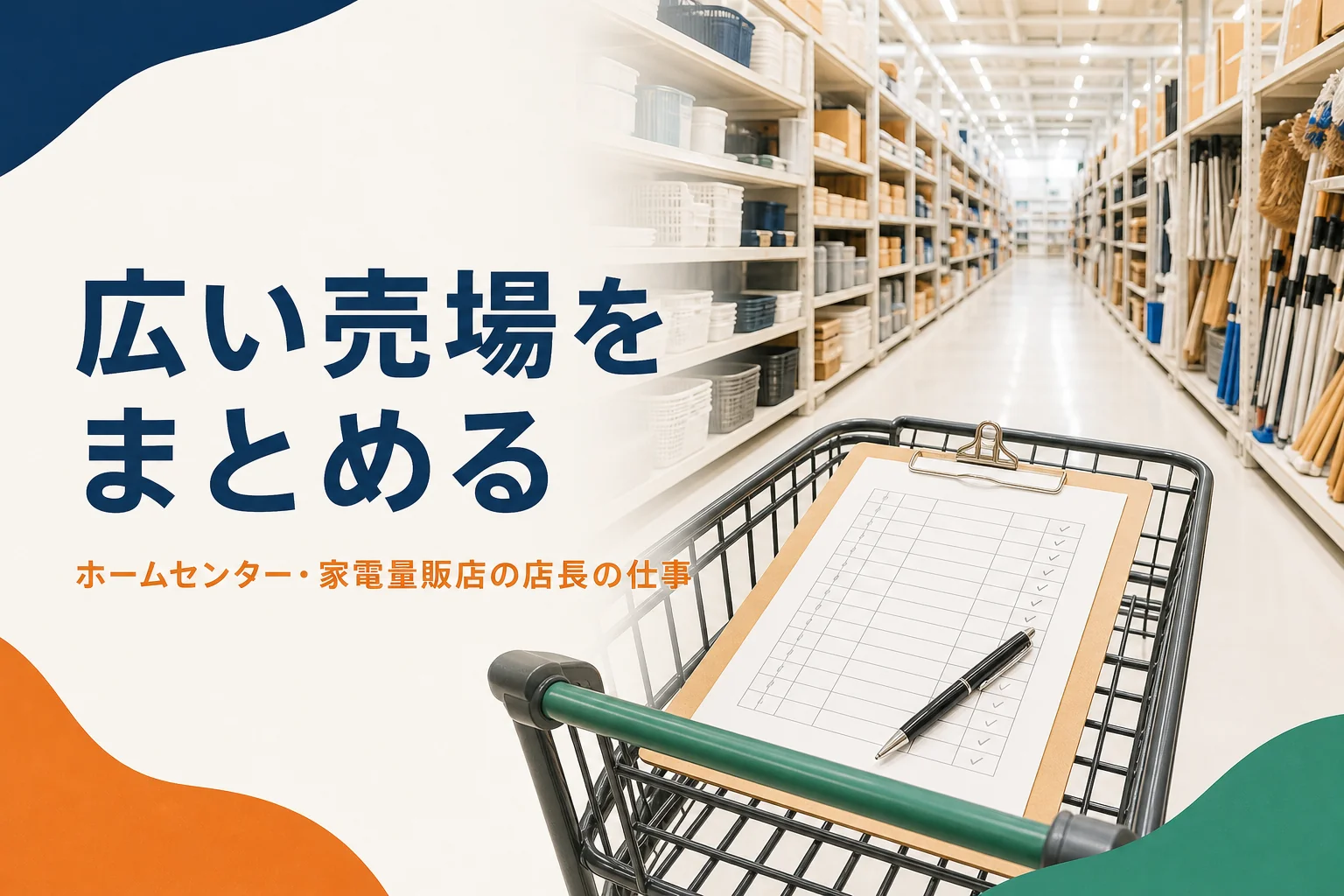 ホームセンター・家電量販店の店長の仕事を解説する記事のアイキャッチ。開店前の広い主通路とチェック表