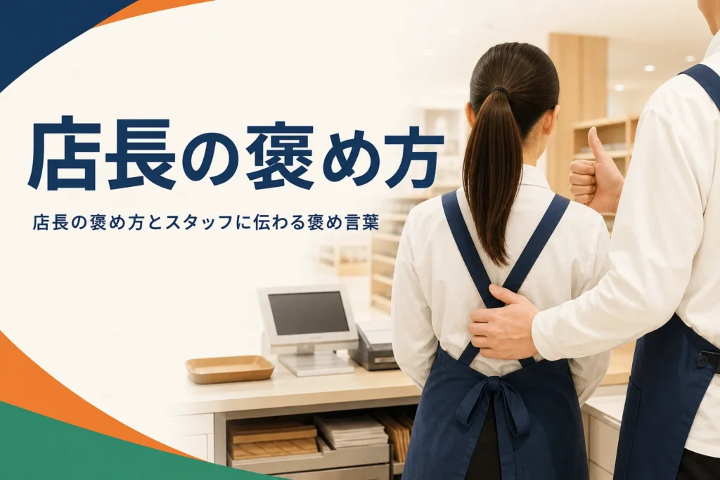 店長の褒め方と褒め言葉の例文を紹介する記事のアイキャッチ。開店前の売場でスタッフをねぎらう店長の手元