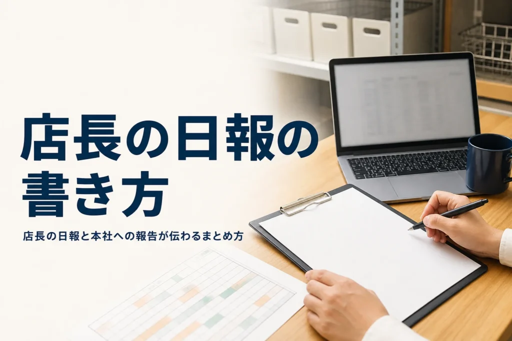 店長の日報と本社への報告の書き方を紹介する記事のアイキャッチ。閉店後のバックヤードの事務机と日報用紙