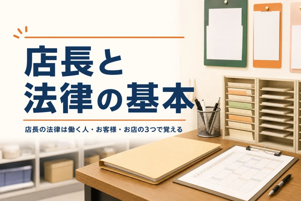 店長が知っておきたい法律を紹介する記事のアイキャッチ。バックヤードの事務机に置かれたファイルとシフト表