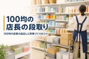 100均の店長の品出しと売場づくりを紹介する記事のアイキャッチ。開店前の雑貨店の棚と品出し用のカート