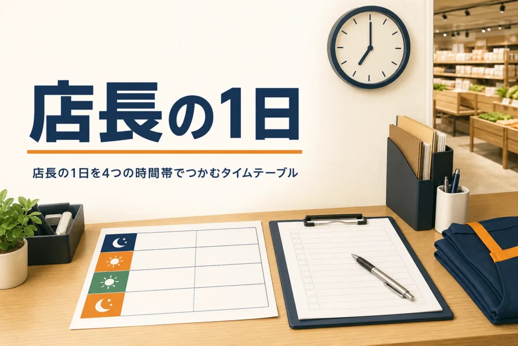 店長の1日のスケジュールを紹介する記事のアイキャッチ。バックヤードの事務机に置かれたスケジュール表とクリップボード