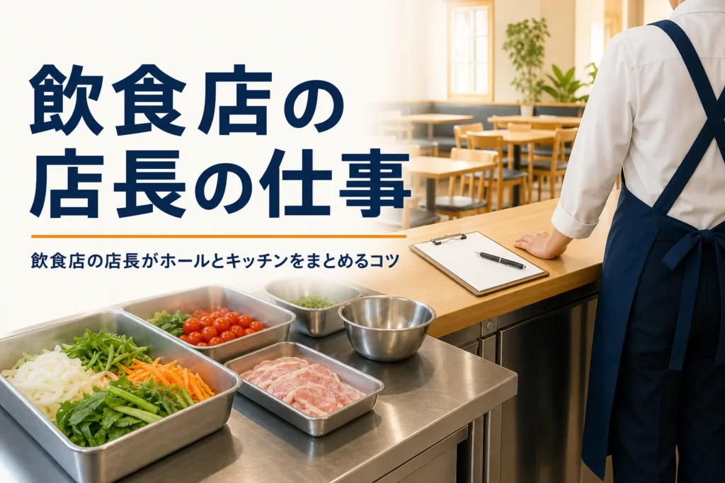 飲食店の店長の仕事内容を紹介する記事のアイキャッチ。開店前の厨房と客席