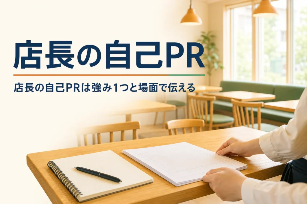 店長経験の自己PRの書き方を紹介する記事のアイキャッチ。開店前の客席のテーブルに置かれたノートと書類