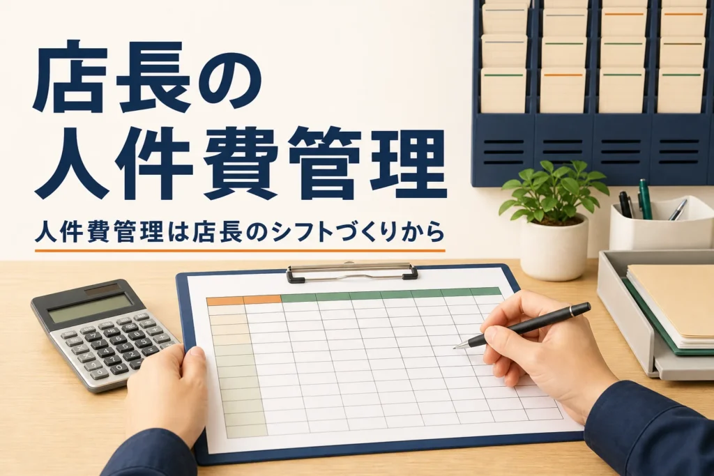 店長の人件費管理を紹介する記事のアイキャッチ。事務机に置かれたシフト表と電卓