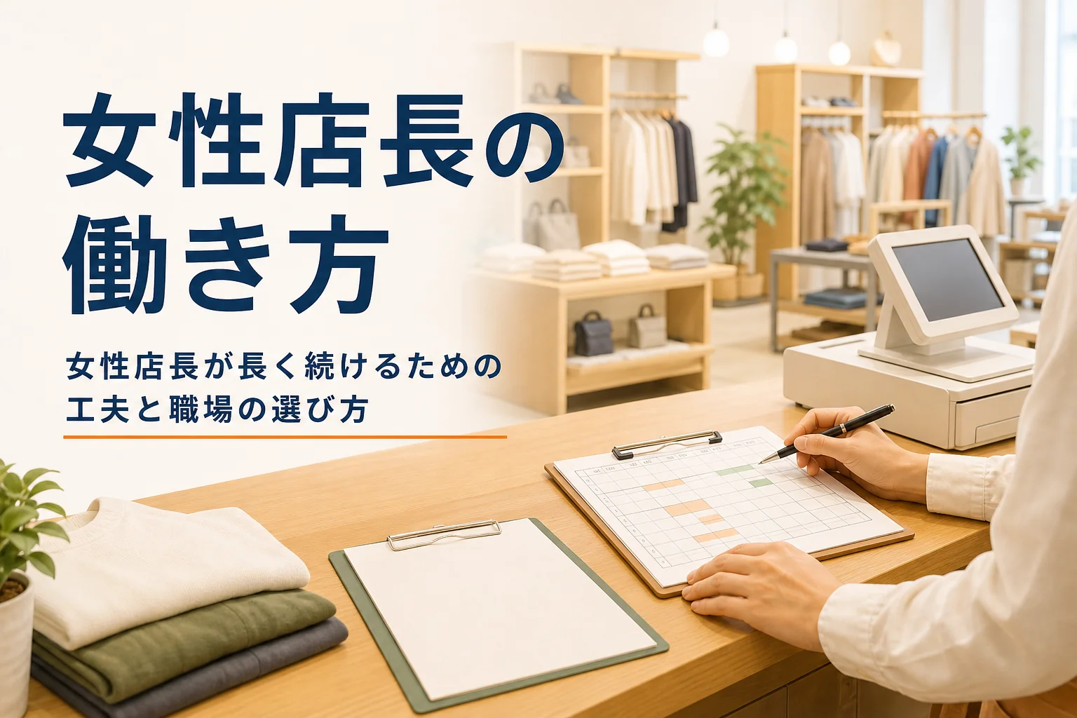 女性店長の働き方を紹介する記事のアイキャッチ。開店前の売場とレジカウンターのシフト表