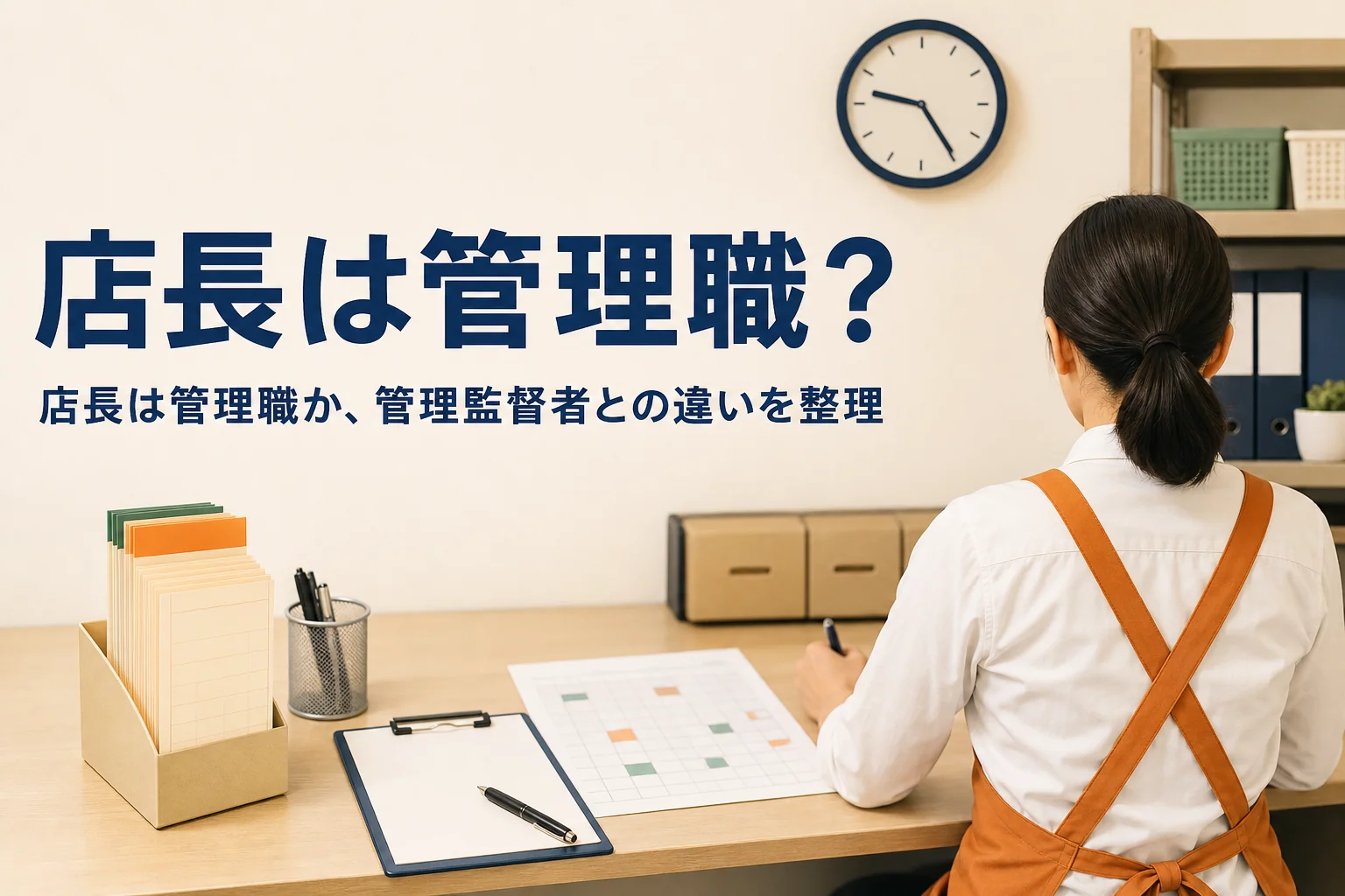 店長は管理職かを解説する記事のアイキャッチ。バックヤードの机にタイムカードとシフト表が置かれている