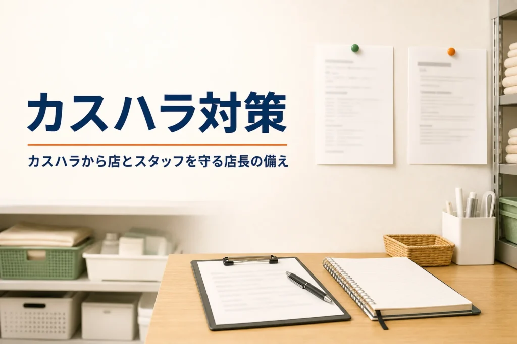 カスハラから店とスタッフを守るための店長の備えを紹介する記事のアイキャッチ。バックヤードに貼られた連絡先と記録用ノート