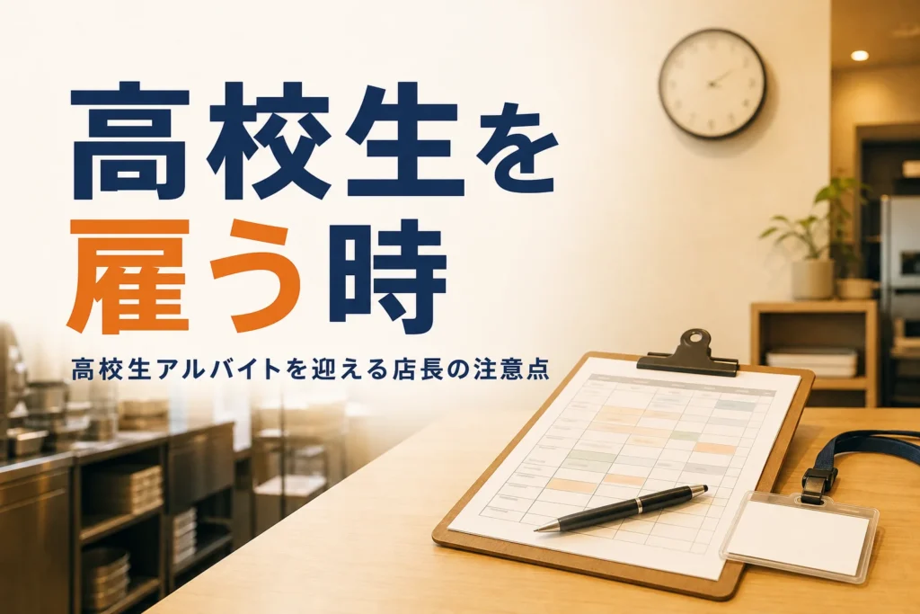 高校生アルバイトを雇う時に店長が気をつけることを紹介する記事のアイキャッチ。夕方のバックヤードの時計とシフト表