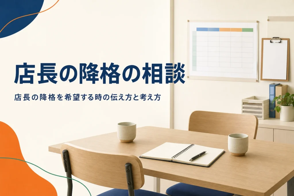 店長の降格の希望を相談する方法を紹介する記事のアイキャッチ。バックヤードの打ち合わせ机