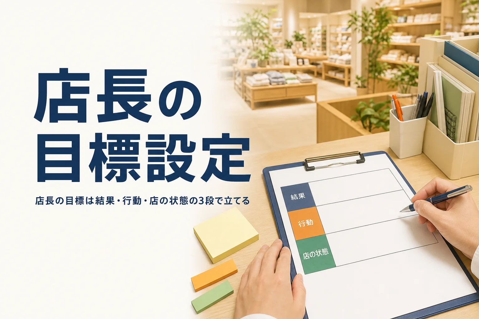 店長の目標設定を紹介する記事のアイキャッチ。事務机に置かれた目標シートとクリップボード
