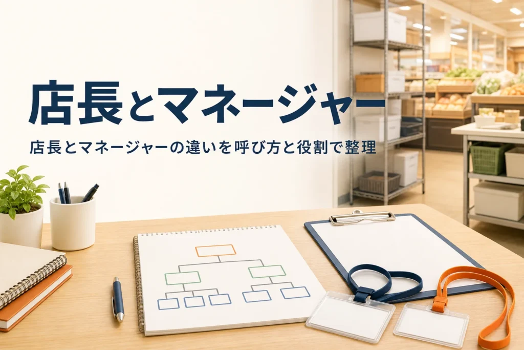 店長とマネージャーの違いを解説する記事のアイキャッチ。バックヤードの事務机に組織図のメモと名札が置かれている