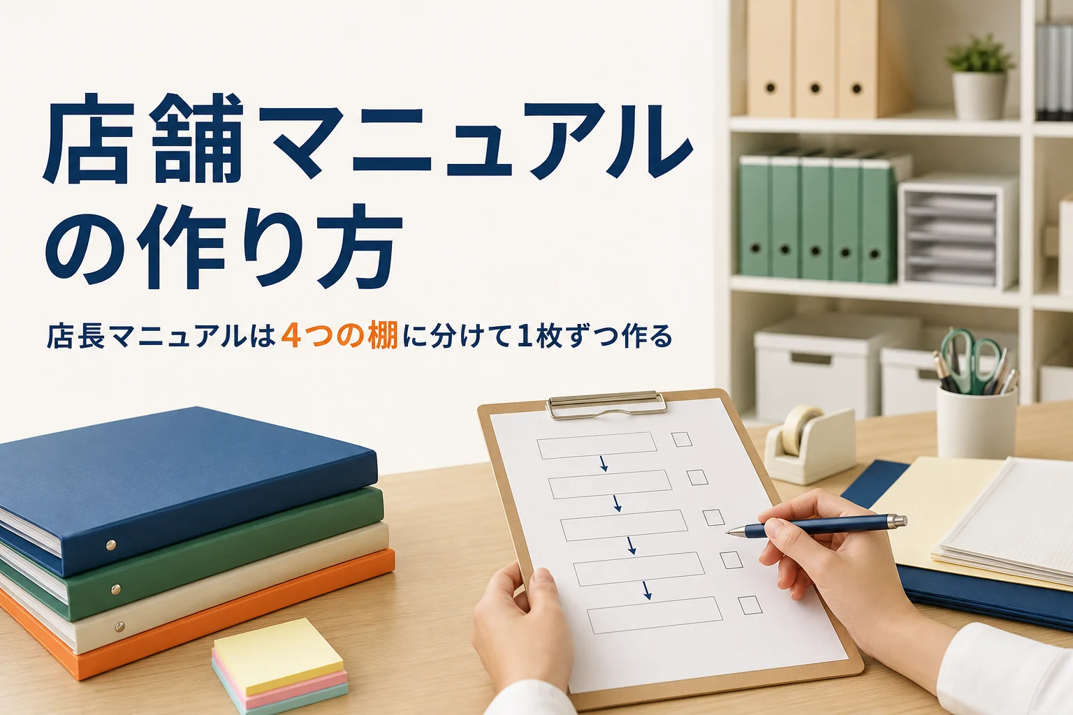 店舗マニュアルの作り方を紹介する記事のアイキャッチ。バックヤードの机に置かれたクリップボードとファイル