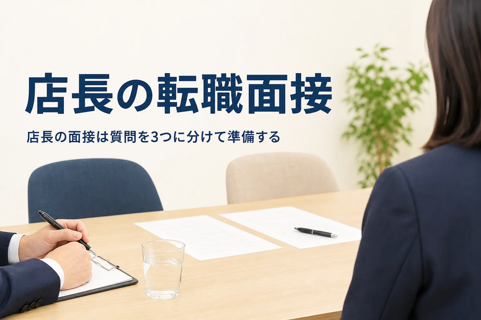 店長経験者の転職面接でよく聞かれる質問と答え方を紹介する記事のアイキャッチ。面接の席に置かれた書類とペン
