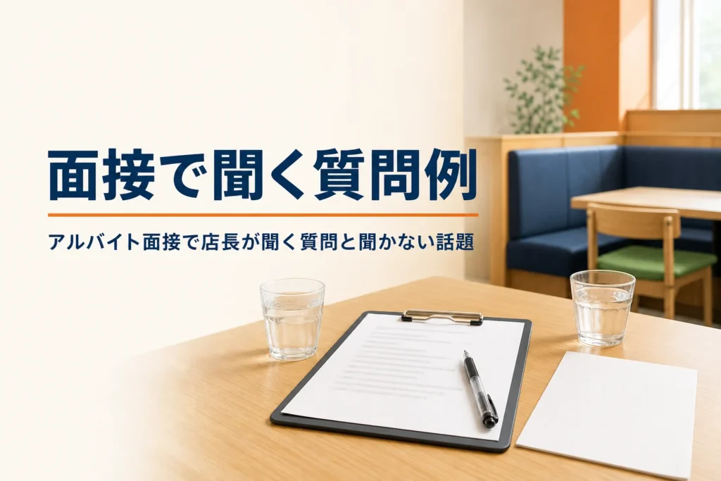 アルバイト面接で店長が聞く質問例を紹介する記事のアイキャッチ。面接用に整えた客席のテーブル