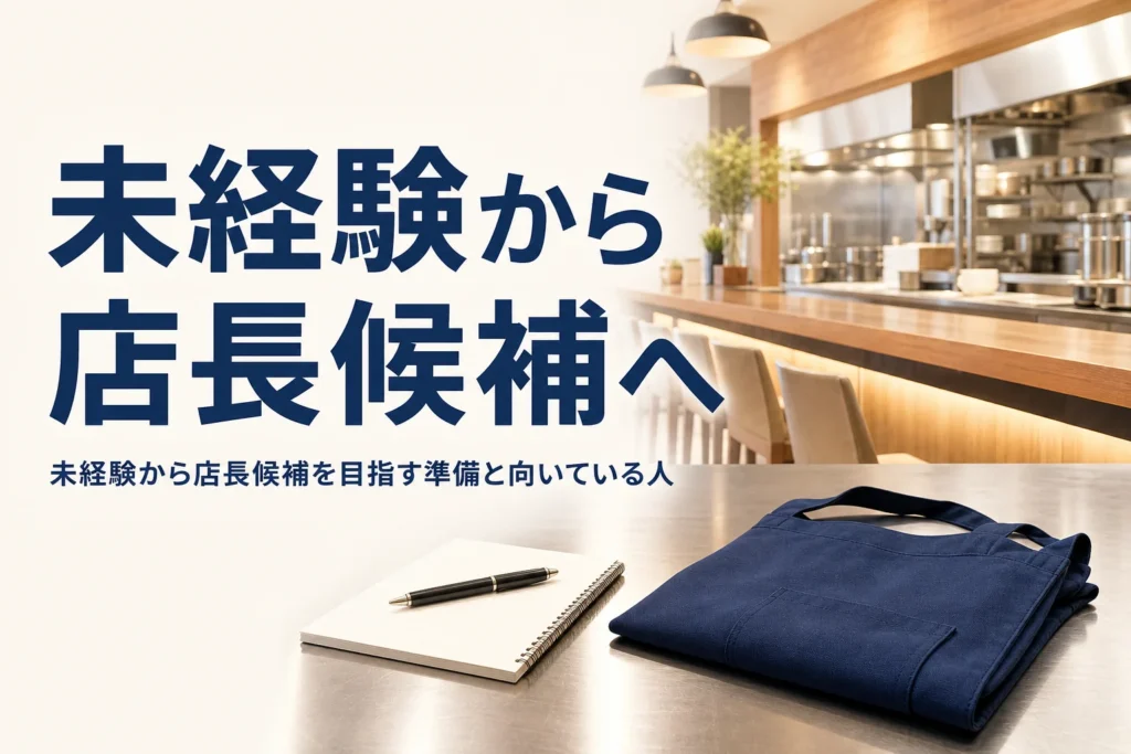 未経験から店長候補になるための準備を紹介する記事のアイキャッチ。開店前の店のカウンターとメモ帳、エプロン