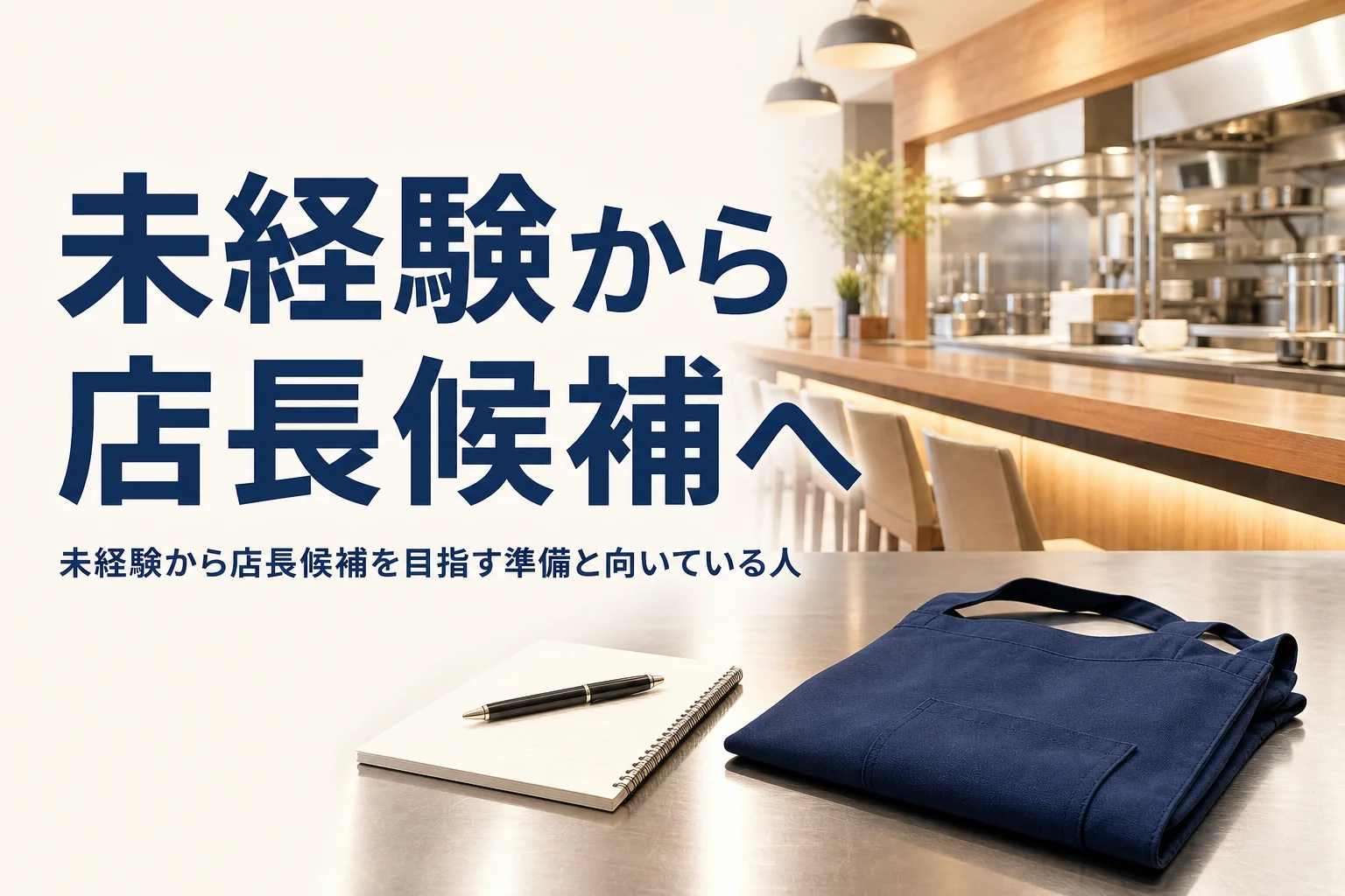 未経験から店長候補になるための準備を紹介する記事のアイキャッチ。開店前の店のカウンターとメモ帳、エプロン