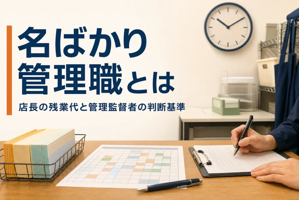 名ばかり管理職と店長の残業代を解説する記事のアイキャッチ。閉店後のバックヤードの事務机とシフト表