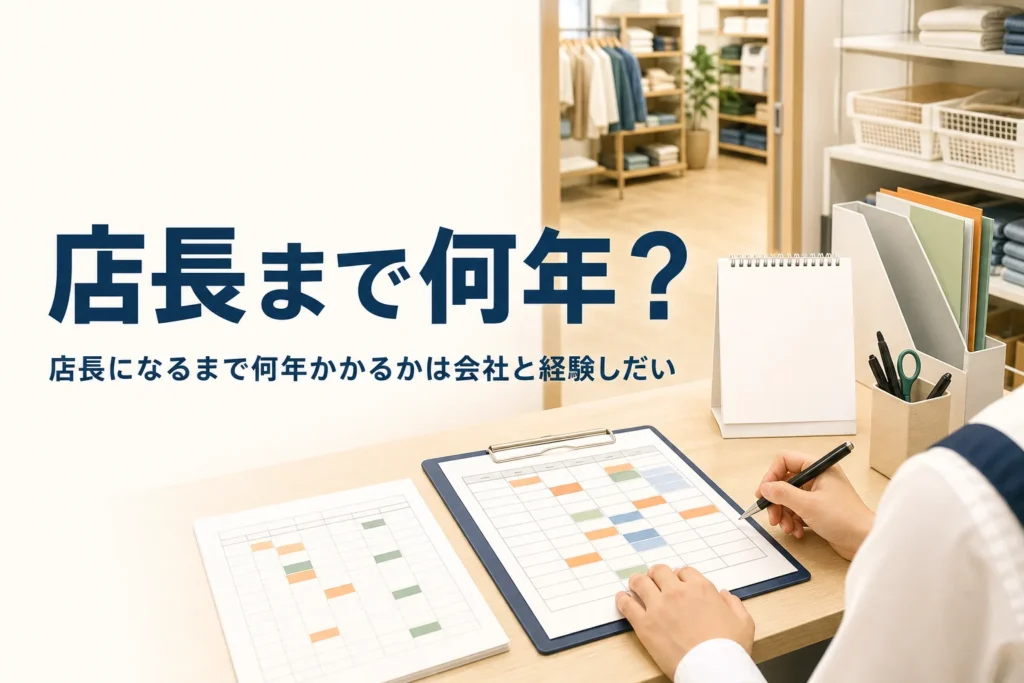店長になるまで何年かかるかを紹介する記事のアイキャッチ。バックヤードの事務机とシフト表